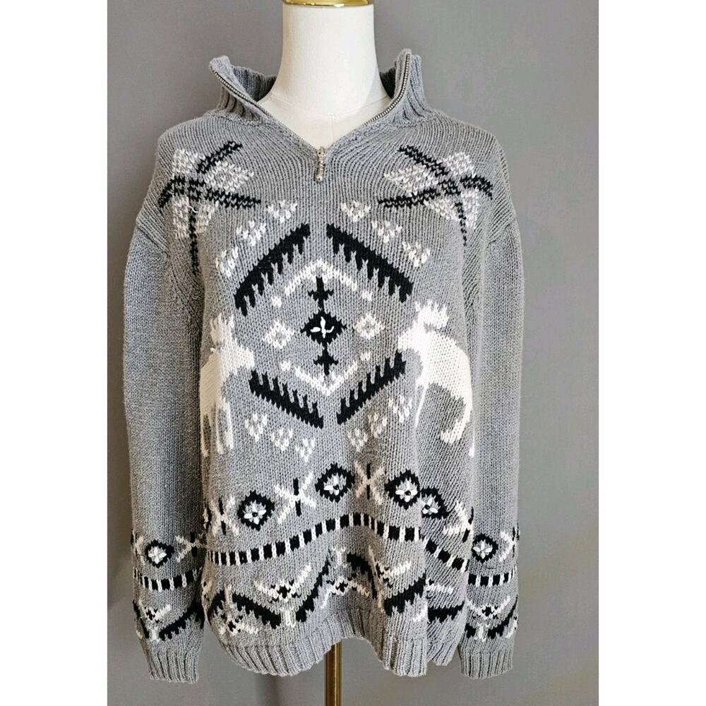 Timberlea Vintage Gray Knit Zip Sweater Reindeer Holiday Christmas Winter Sz L